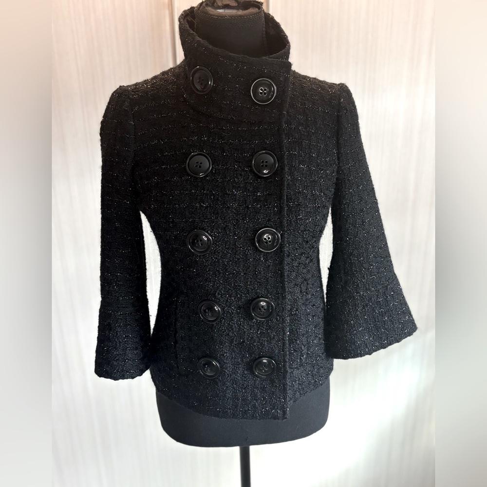 Guess Double Breasted Black Sparkly 3/4 Sleeves Short Peacoat Size XS